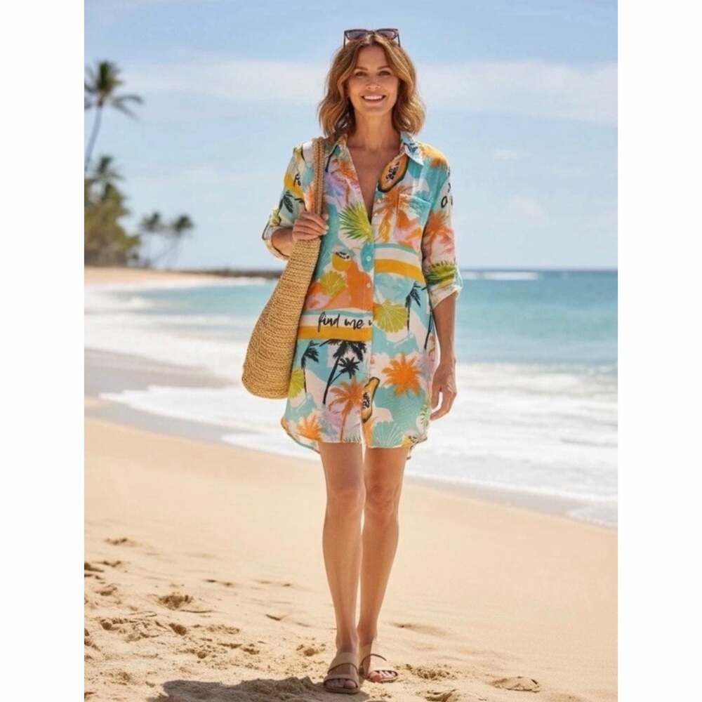Violet Sky Tropical Print Long Sleeve Button-Down Shirt Dress